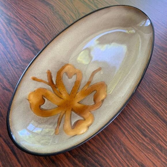 Pier 1 KIOKO Speckled Body Yellow Flower Hand Painted Stoneware 12" Oval Platter - Picture 1 of 9